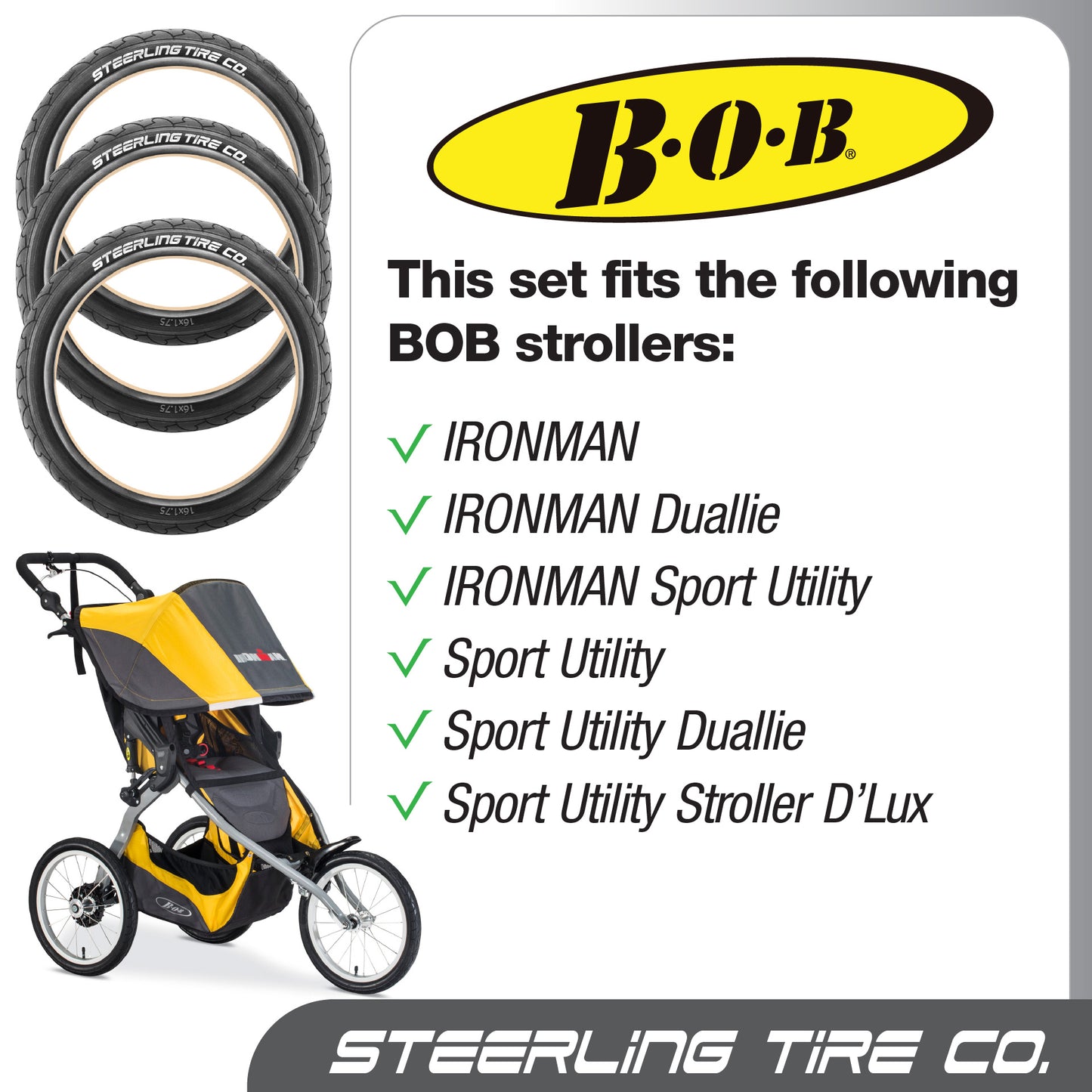 Set of three 16 Inch Replacement Tires for Jogging Strollers and Bike Trailers