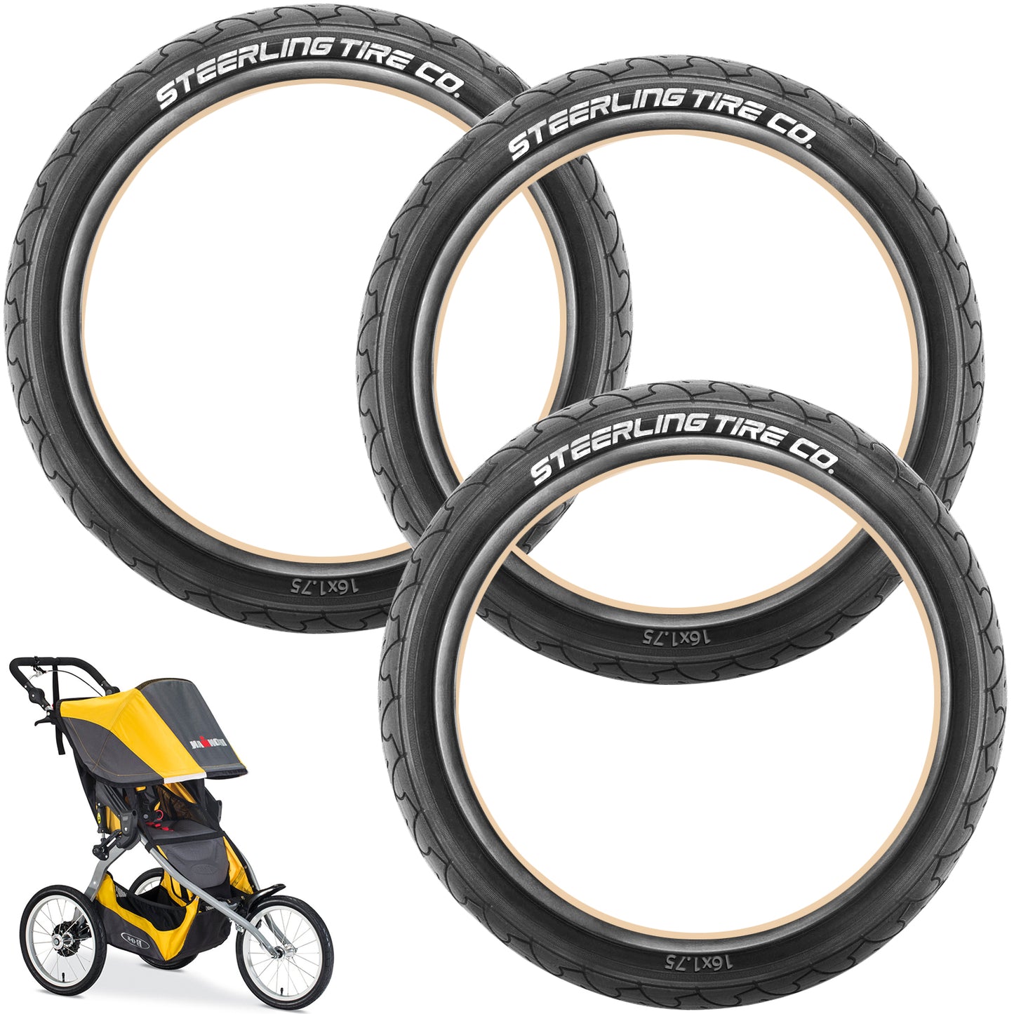 Set of three 16 Inch Replacement Tires for Jogging Strollers and Bike Trailers